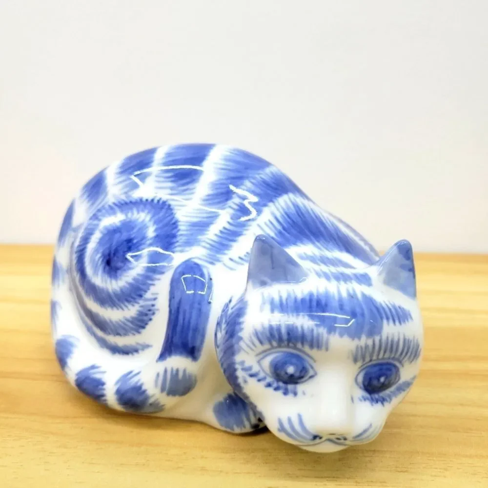 Blue & White Porcelain Cat Figurine – Curled Sleeping Pose